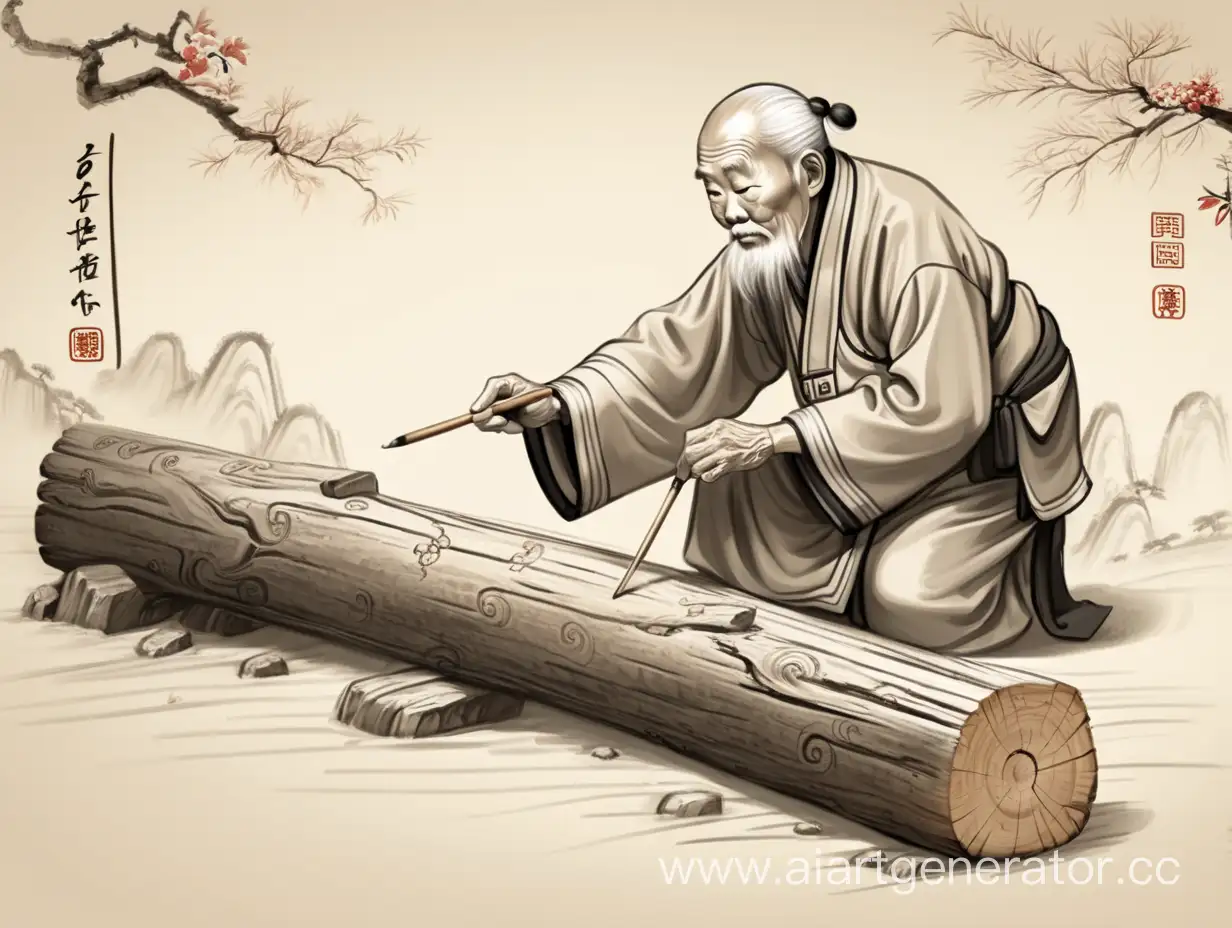 китайский старик чертит линии на бревне древний китай