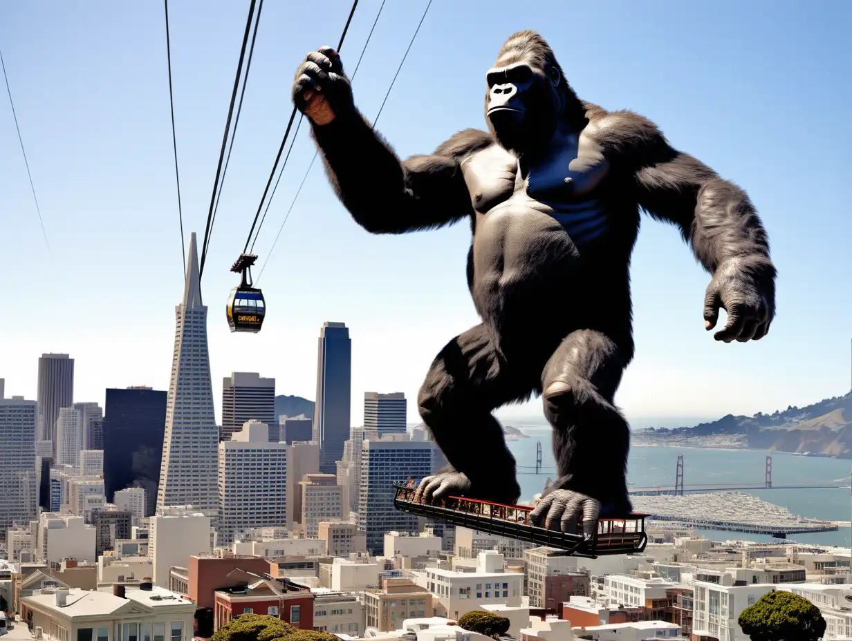King Kong riding on top of a cable car in San Francisco