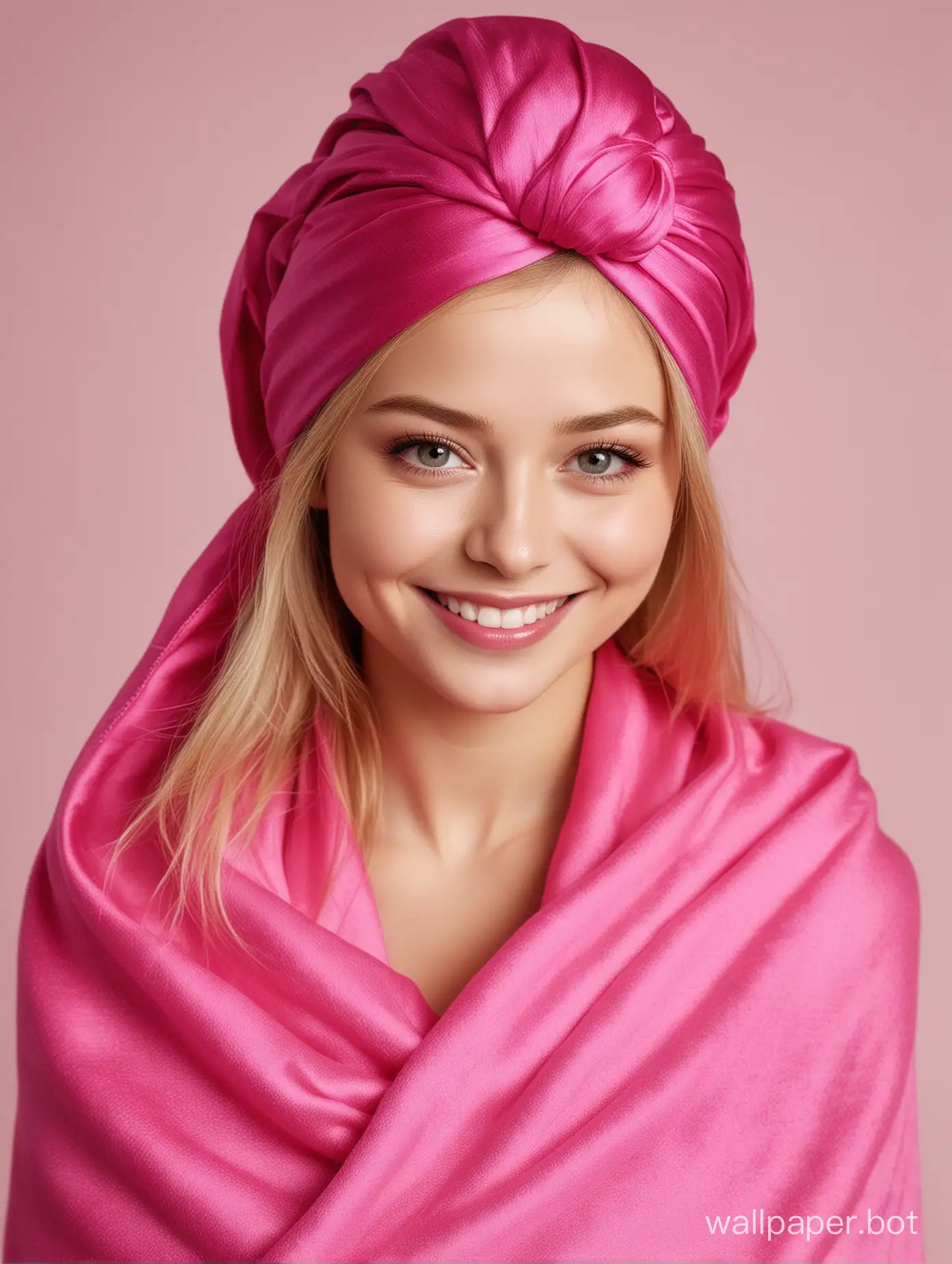 Sweet Yulia Lipnitskaya smiles with long straight silky hair in long Beautiful, gentle, Luxurious glamour natural hot pink fuchsia mulberry silk with pink silk towel turban