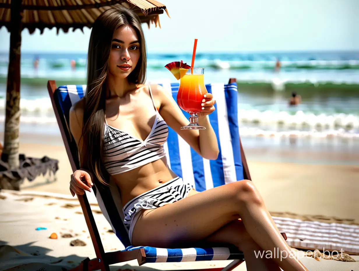 Girl with long straight brunette hair, normal breasts, normal body, sitting on a striped beach chair in Bali with a cocktail in her hand, realistic