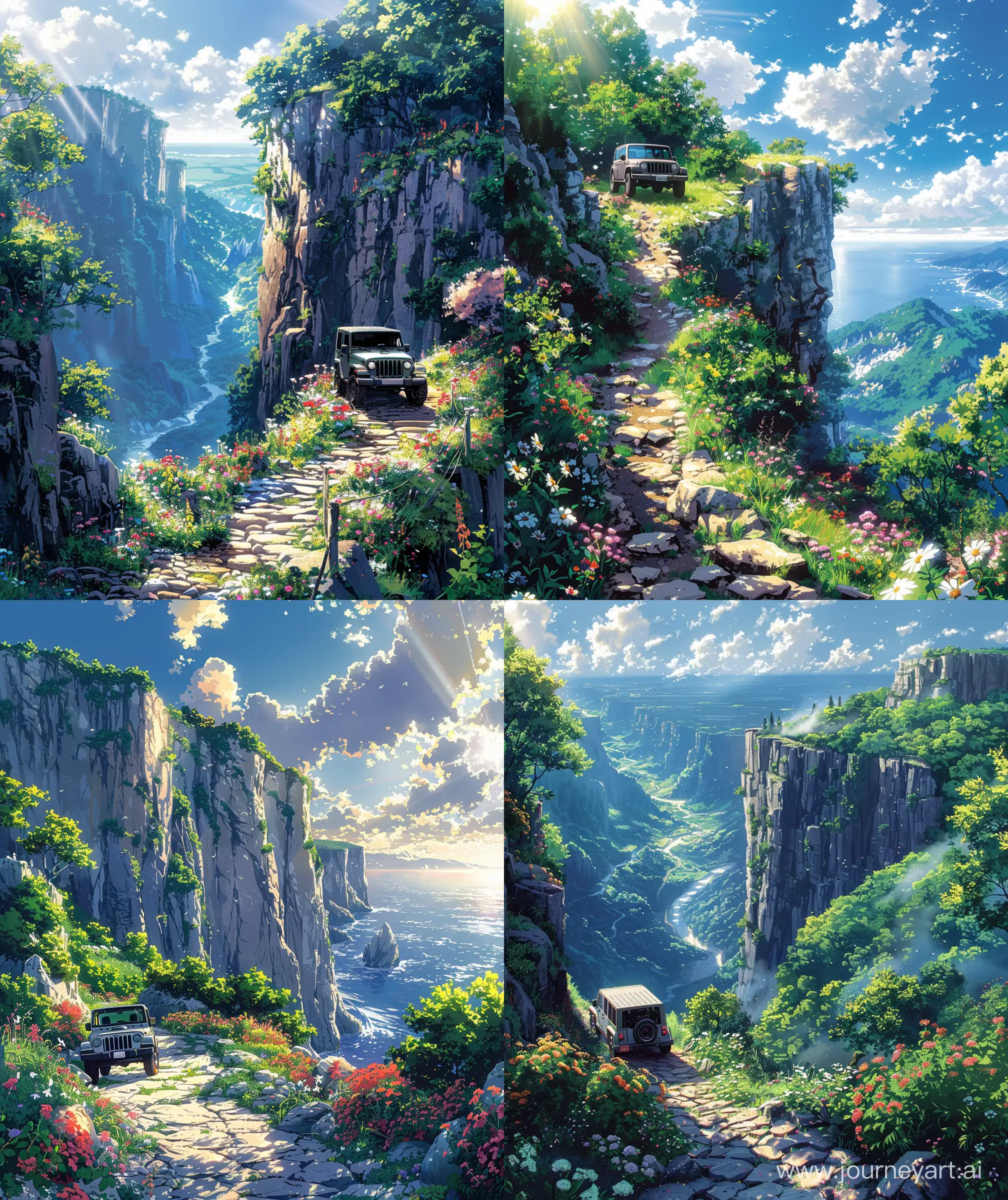 Beautiful Anime scenary, mokoto shinkai style, Jeep car standing beside cliff, beautiful view, flowers around, stone path to the cliff, sunlight, illustration, vintage look, ultra HD, high quality, sharp details, anime style, no hyperrealistic --ar 27:32 --s 400