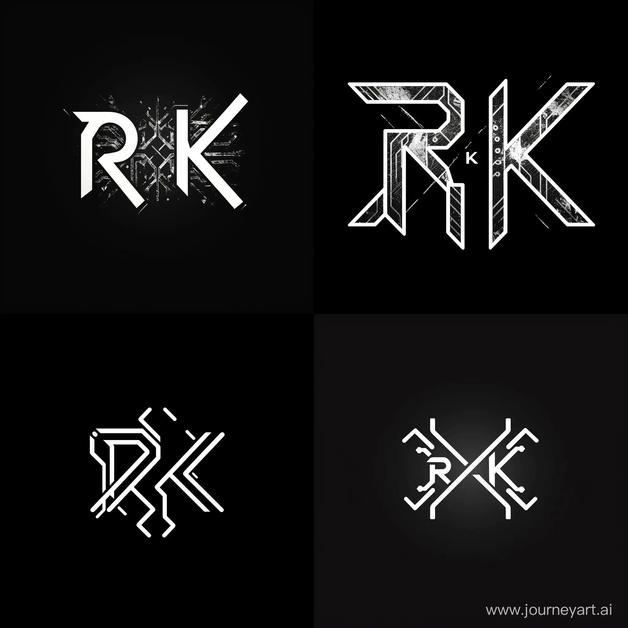 Logo, art. The logo consists of two stylised crossed letters R and K. Theme Artificial Intelligence. The background is black, the letters are white. RK should be clearly visible but veiled
