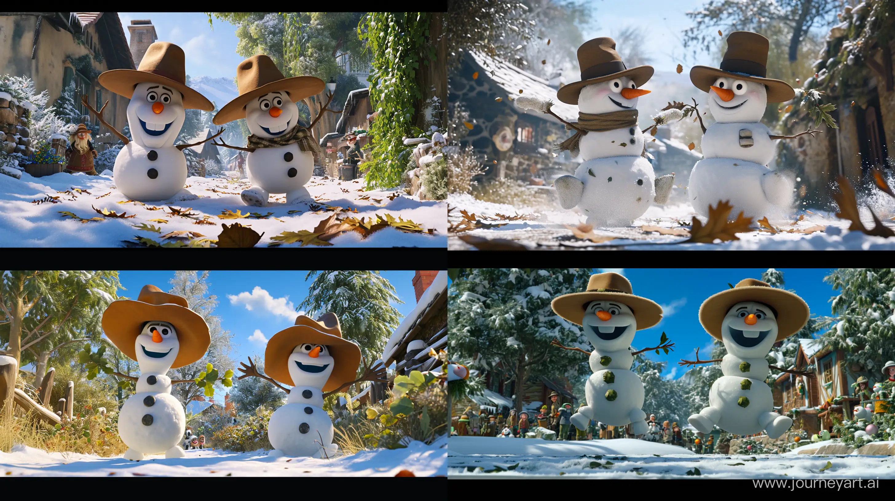 two snowmen named Robert the Great and Tiny Tim wearing broad-brimmed hats, set in a small, secluded village where the snow never melts, performing thrilling action moves like jumping over snowy hills, surrounded by durable winter trees that produce magical leaves used for healing bandages that prevent them from melting, the villagers gathering around showing love and protection for their forest, essence of friendship and magic rekindling through the community --ar 16:9
