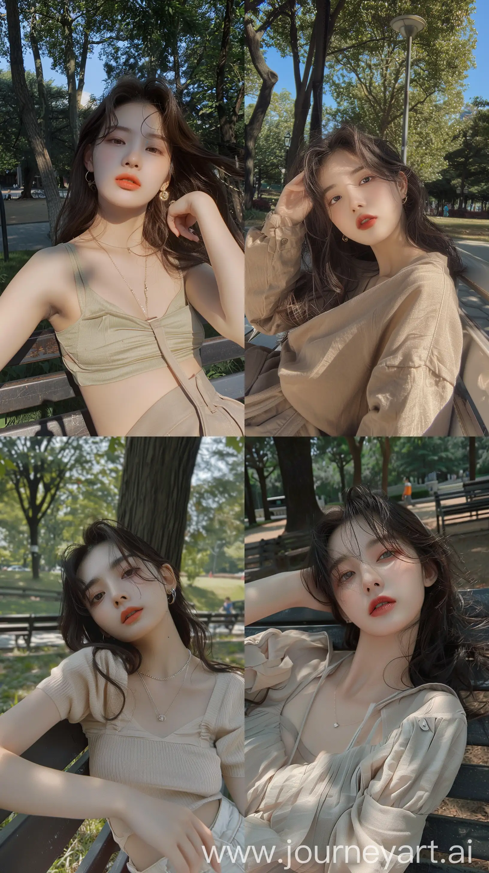 aestethic selfie, wonyoung with aestethic make up, wearing cute simple clothes, pose on the park bench --ar 9:16