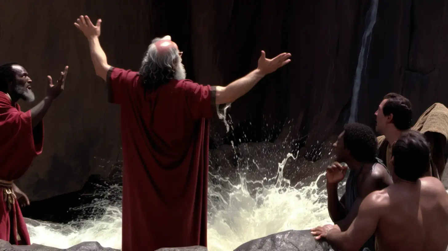 Moises abra la roca y sale agua y los pueblos beban
