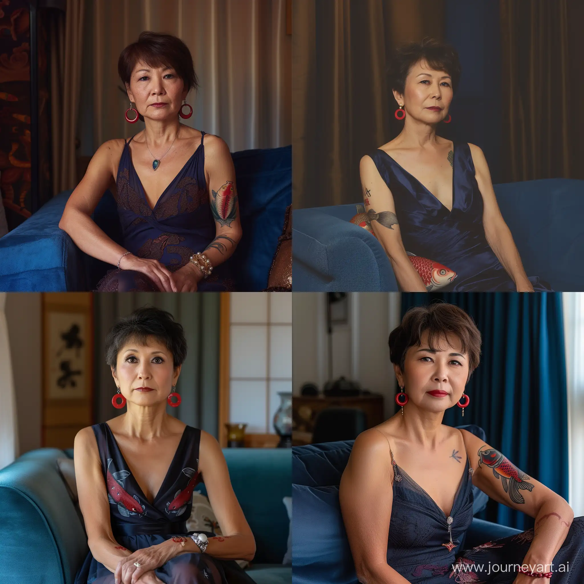 A middle-aged Japanese woman sits on a blue couch, wearing an evening dark dress, with short hair, earrings in the shape of red crescents, and a carp tattoo on her wrist. --v 6 --ar 1:1 --no 77490