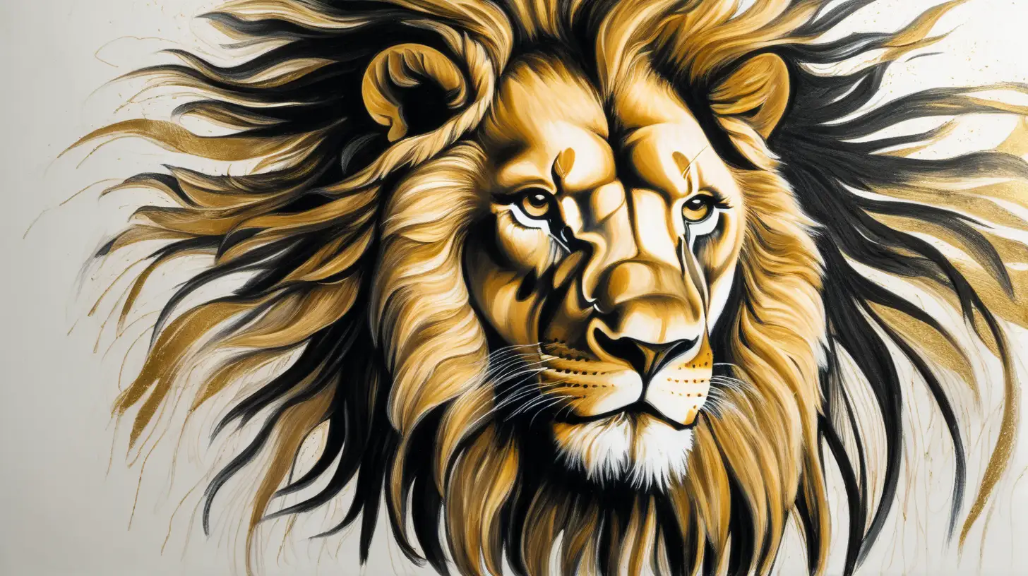 Make an artistic drawing with the head of a lion in black and gold
