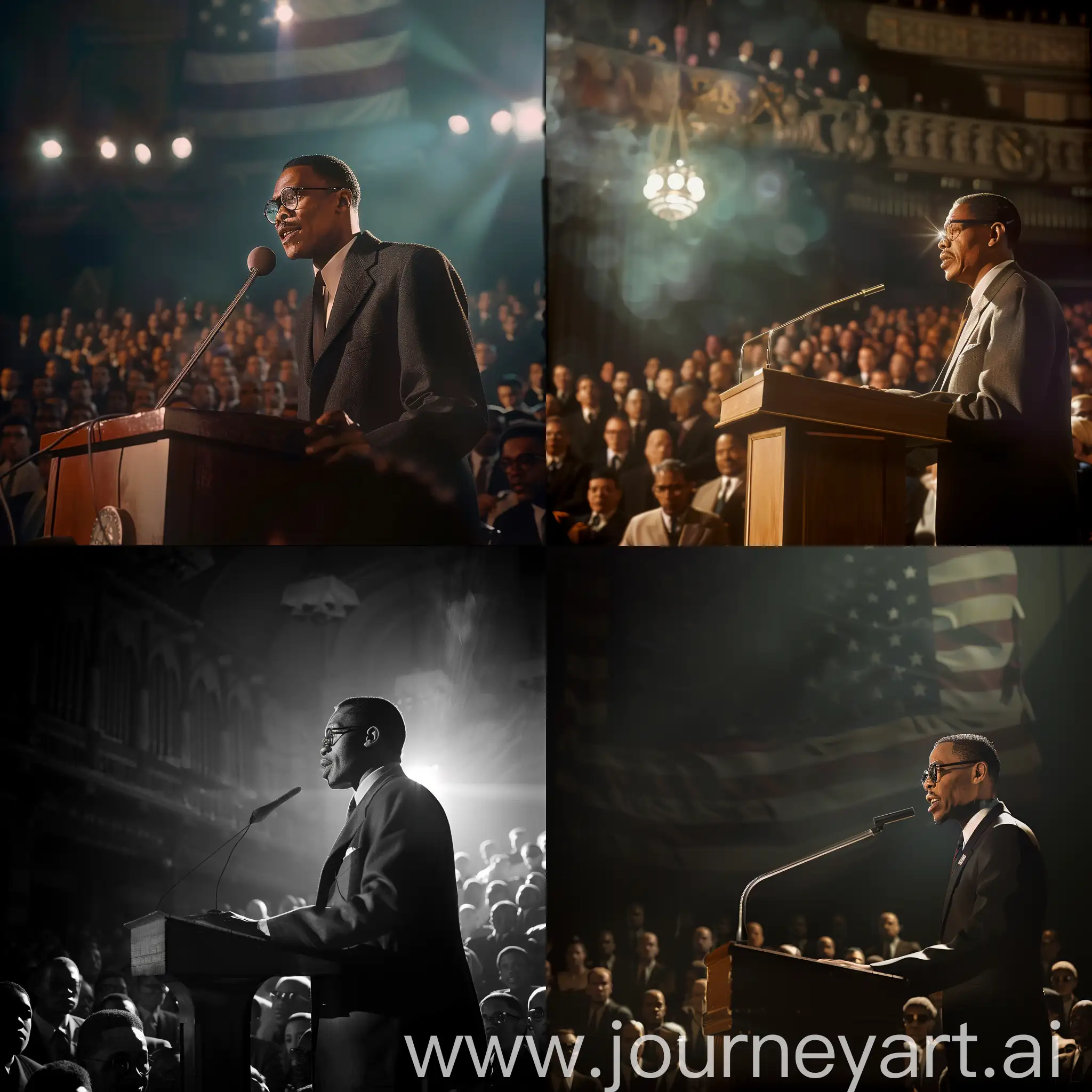 Malcolm X making a speech at lectern in New York. Crowd supports him. Cinematic lighting. Realistic image.