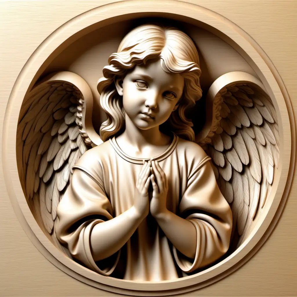 3D Relief Angel Engraving Serene Figure on Blank Background