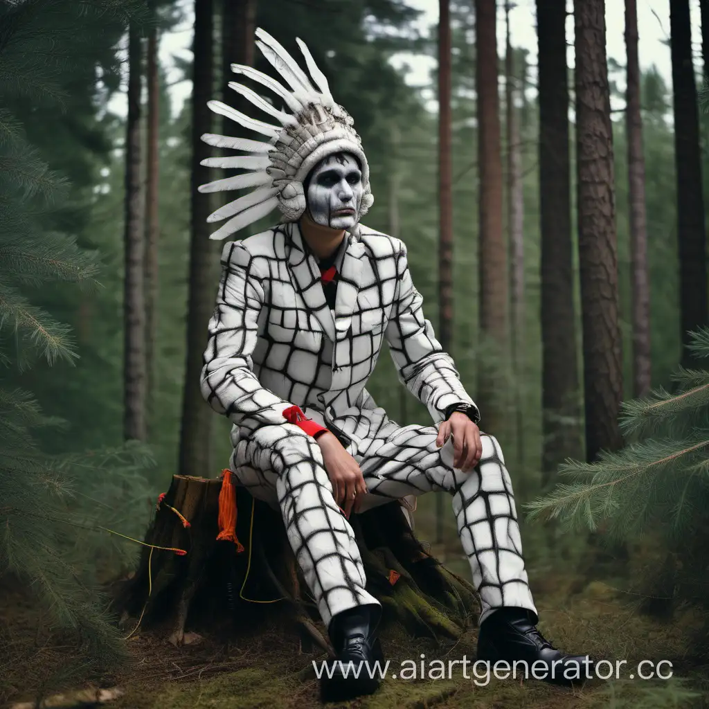 Encephalitic-Suit-Adventure-Young-Chief-Sitting-on-Coniferous-Tree-in-Forest