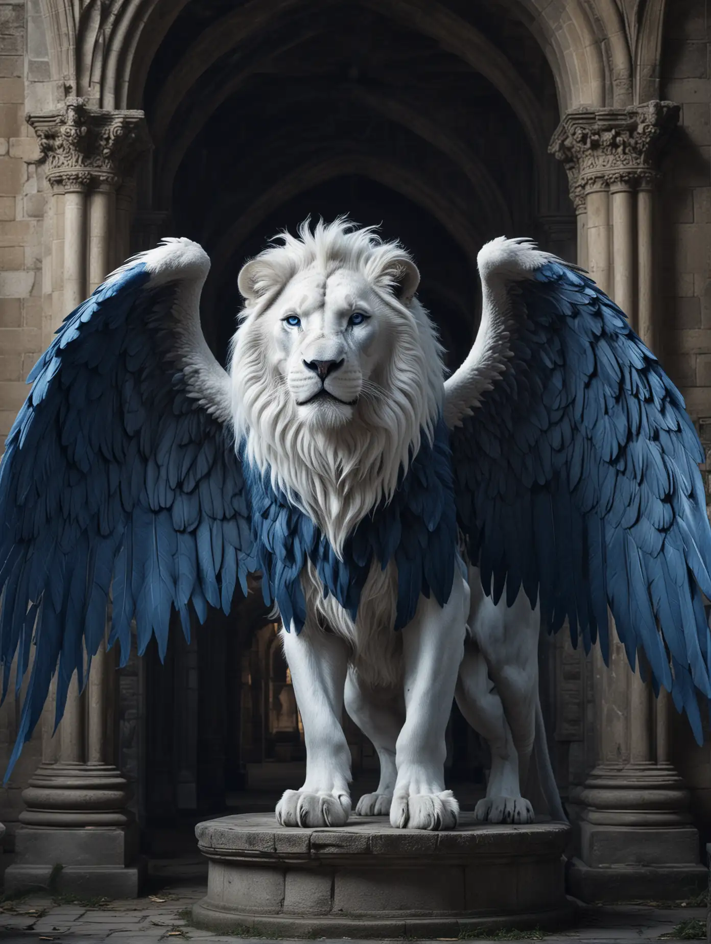 fantasy dark blue white lion with wings in gothic castle. Magic atmosphere.