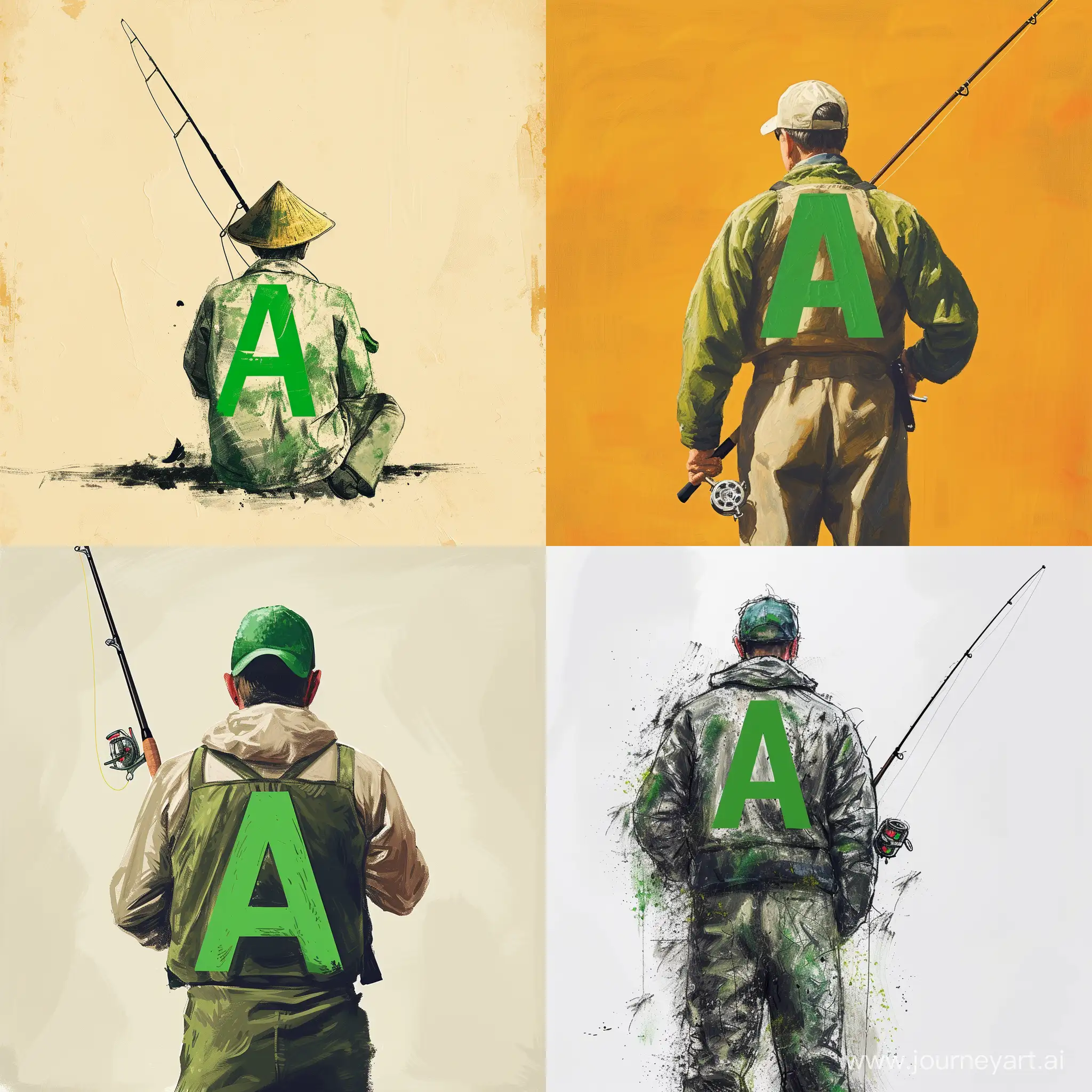 рыбак с удочкой и зеленой буквой А на спине  минимализм 