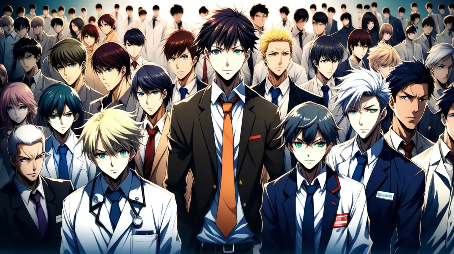 a crowd of different male professions surrounding one young man, anime style