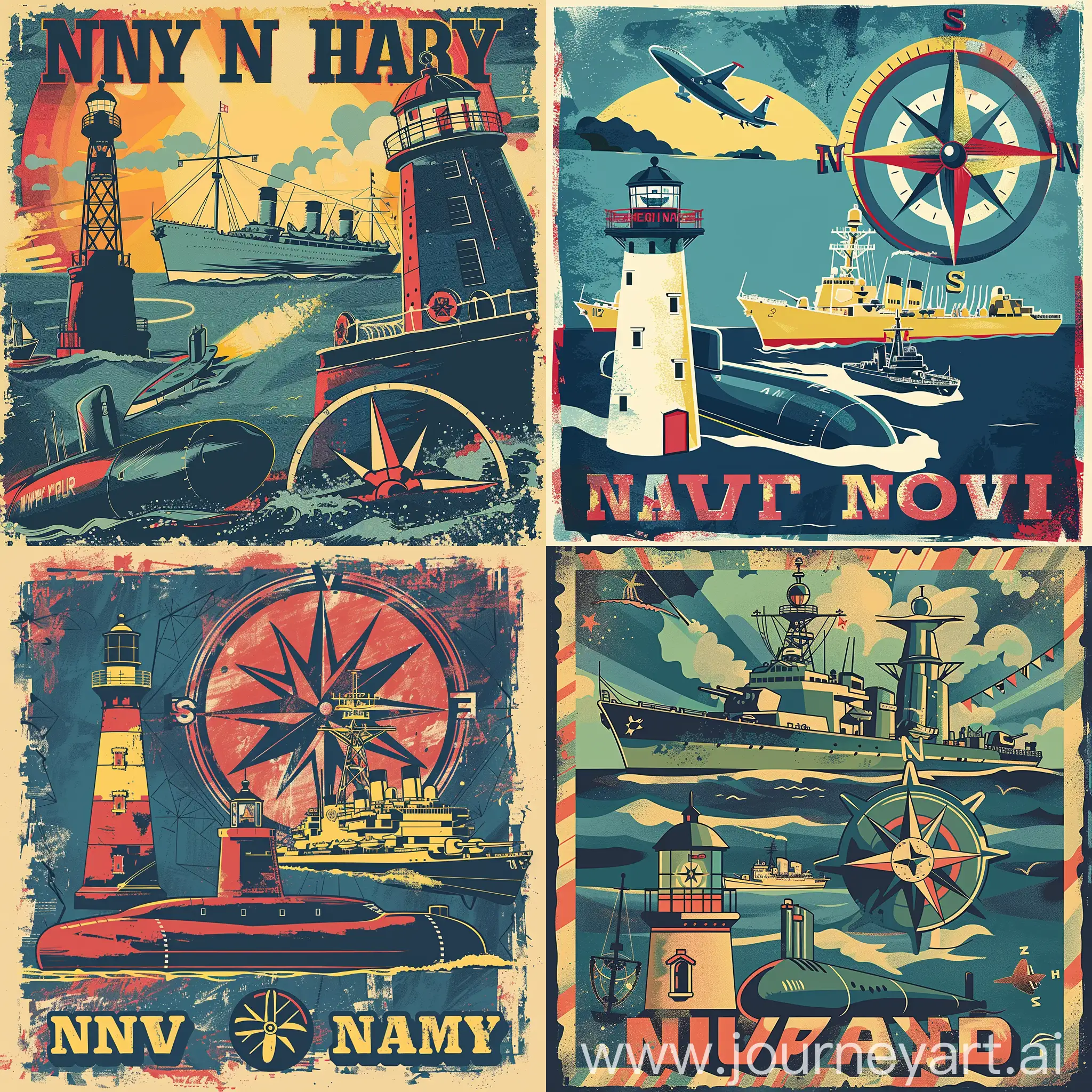 Generate a poster for the Navy (navy) with the image of warships, a lighthouse, a compass rose, and a submarine in pop art style