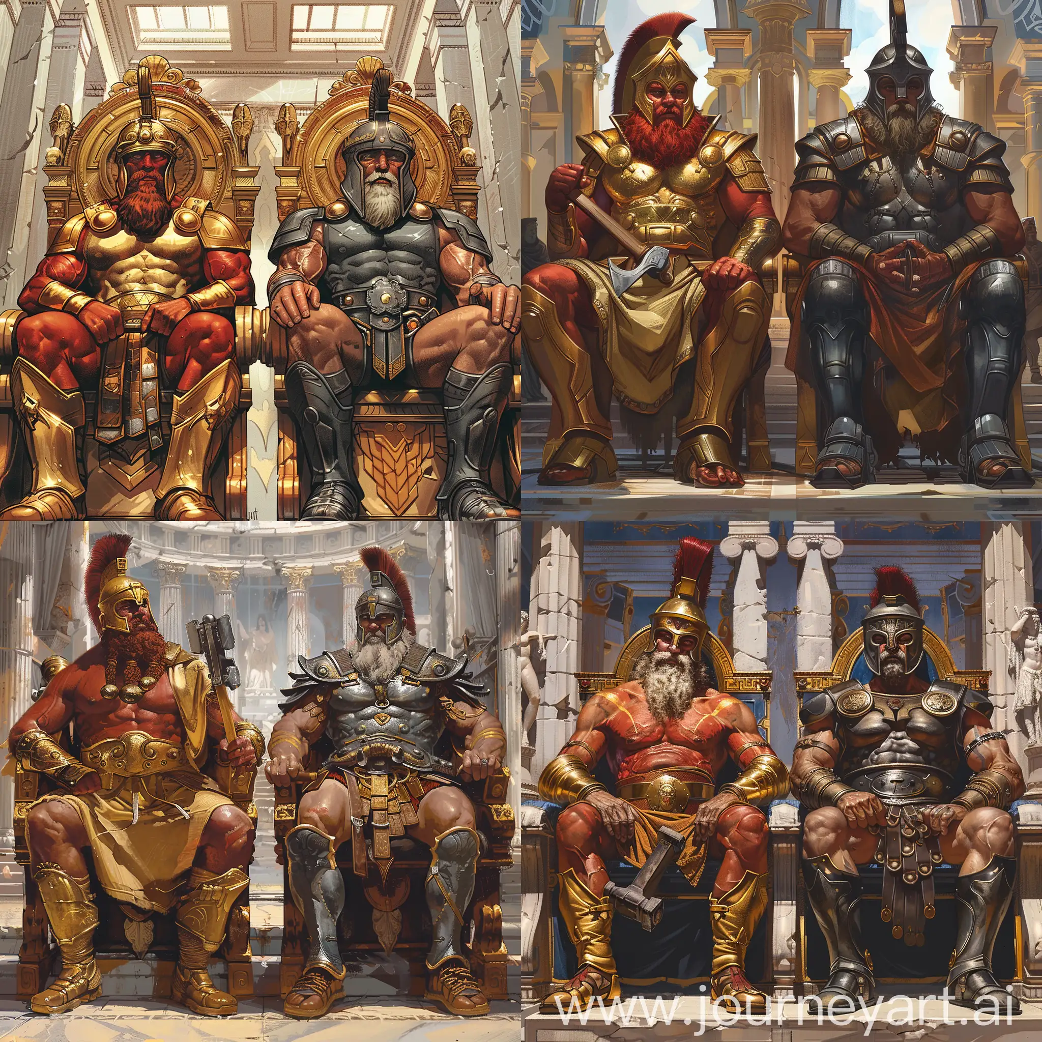 Two middle-aged Greek Gods are sitting on their imperial thrones, they both have beards.

At left, there is red skin Vulcan, Vulcan is in a golden color hat, clothes and boots, Vulcan holds a steel hammer in hands.

At right, there is bronze skin Ares, Ares is in deep gray color helmet, armor and boots, Ares holds a deep gray steel sword in hands.

They are both inside a splendid greek temple.