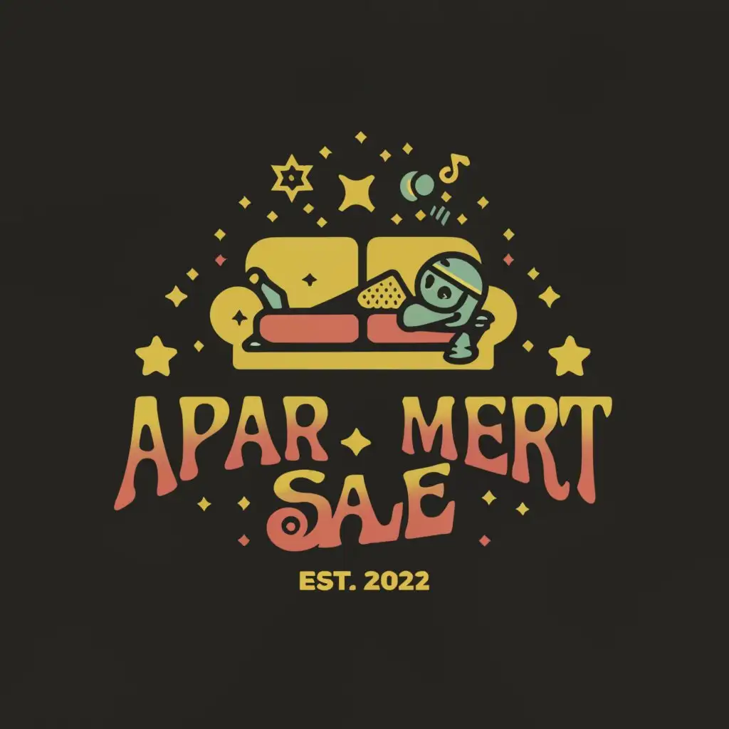 a logo design,with the text L'APPART SALE, main symbol: sofa, stars, microphone, Y2K font, complex, clear black background, frog pillow, cat pillow