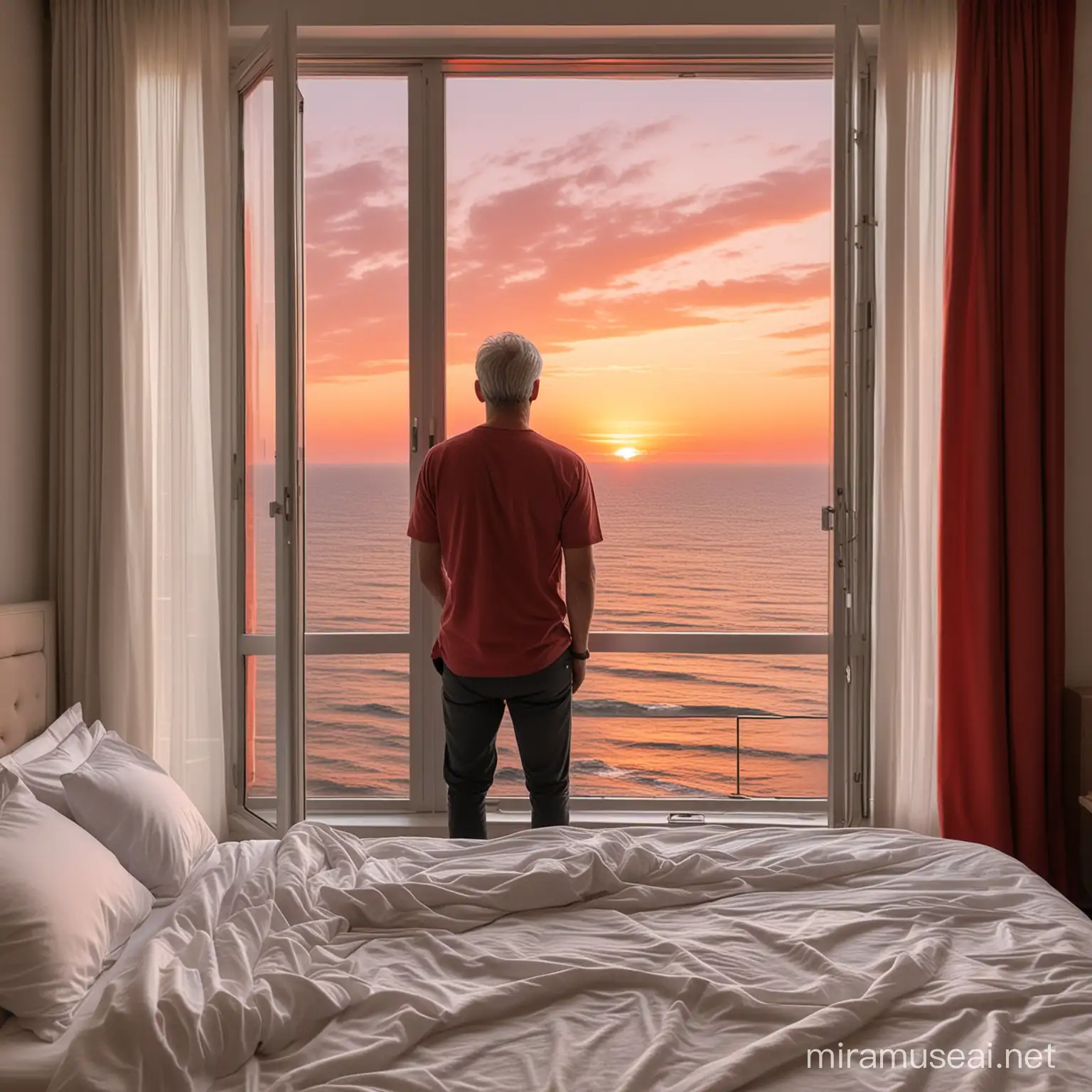 En una habitación de un apartamento de la planta 24 hay un gran ventana con vistas al mar en un atardecer de cielo rojo. En la habitación hay un hombre con canas en el cabello mirando de espaldas por la ventana y otro hombre joven atractivo sentado en la cama. La cama tiene las sábanas blancas.