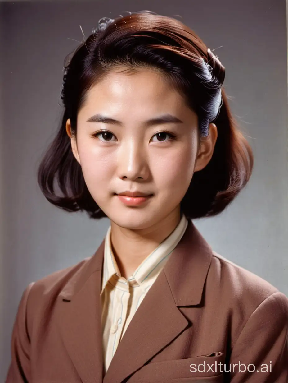 A Color head photo of a young 22years old Japanese woman in a brown suit shirt.1955