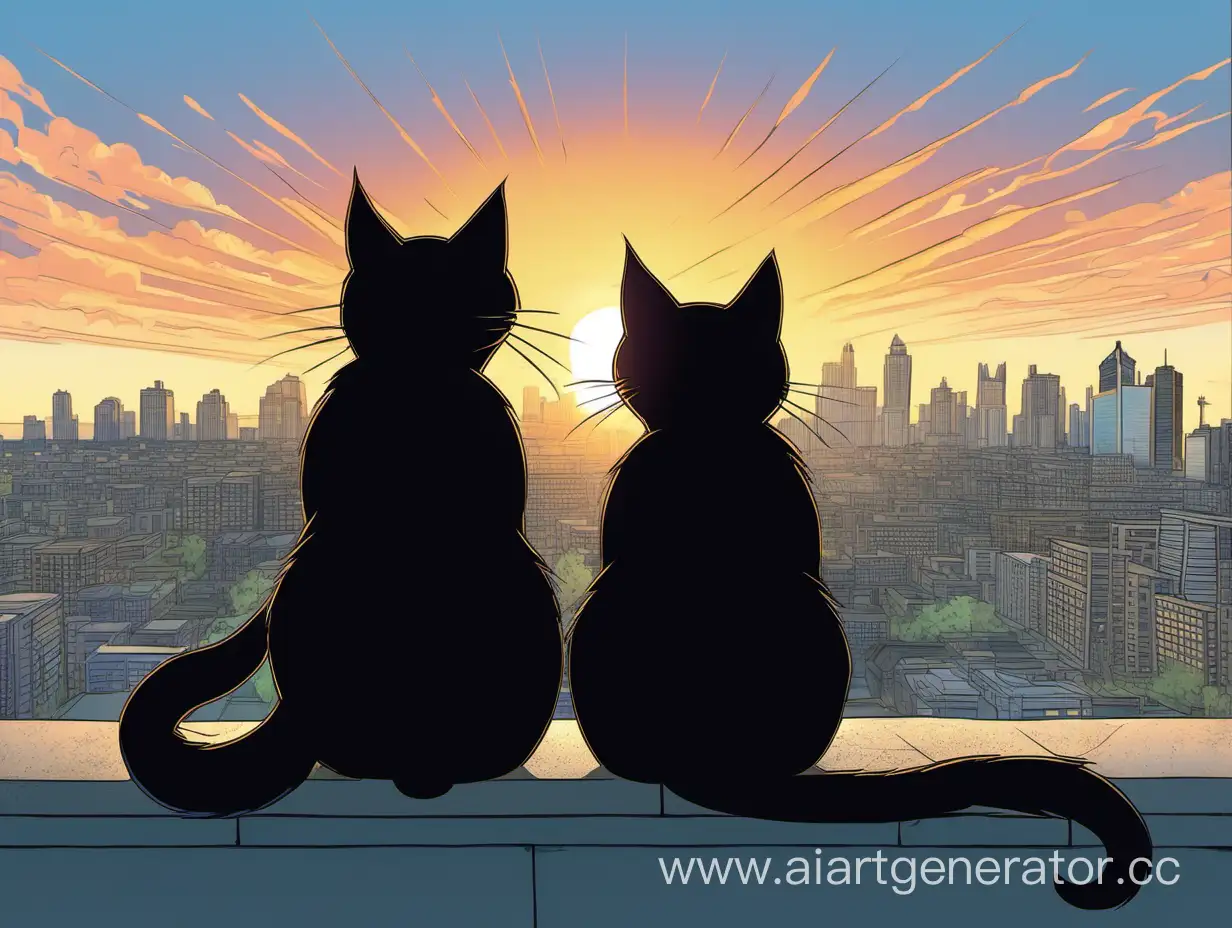 two black cats have their backs turned to the viewer, sitting holding their tails to each other and looking at the sunset bluish sky against the background of the city