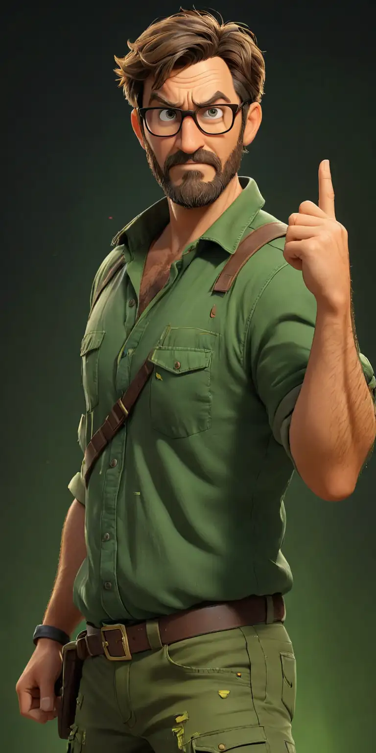 Angry MiddleAged Man in Green Ripped Survivor Outfit Pointing Against Black Stage Background