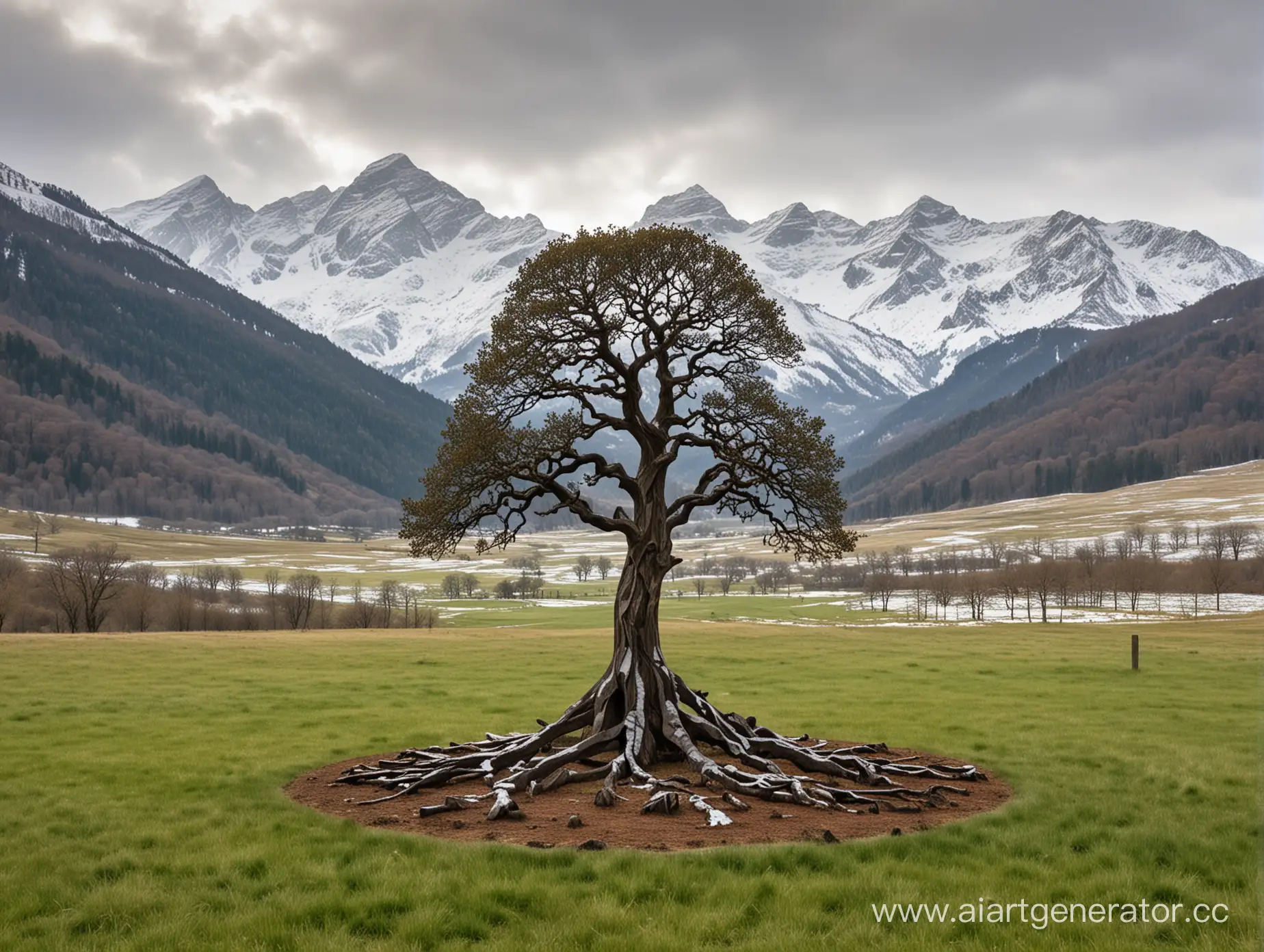 Metal Oak Tree Sculpture with Snowy Mountain Peaks | AI Art Generator