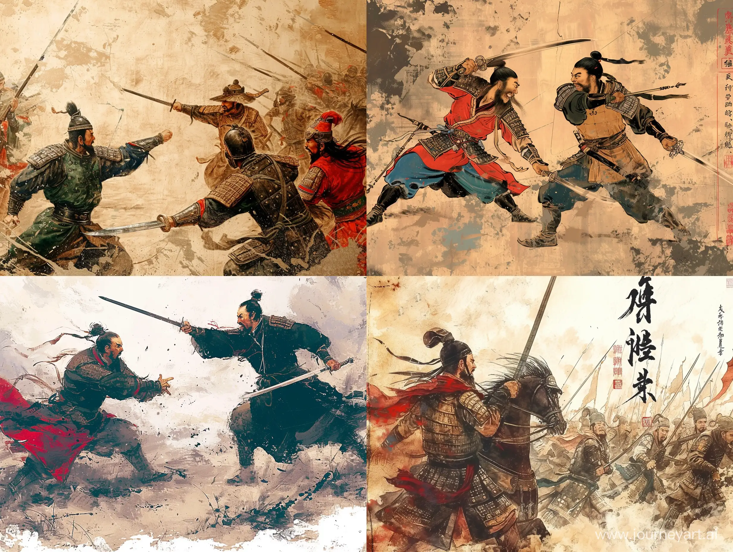 两国军队打仗，彩色水墨画风格，中国风，高清，大师之作，古代，东方美学。