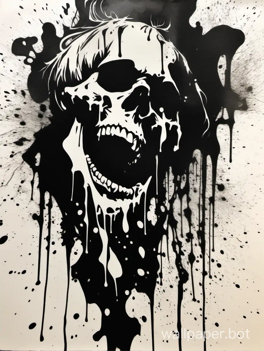laugh skull, asymmetrical, very fluid drip paint, Alphonse Mucha, explosive watercolor high contrast, stencil art, monochromatic, 