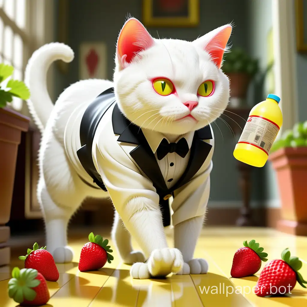 White Cat, wearing TRASH BUSTER? in a tailcoat, on the floor many strawberries are growing, walking through a beautiful room, and leaving behind a gleaming floor, in hand a yellow spray bottle with a red trigger, with the logo on the bottle Trash Buster