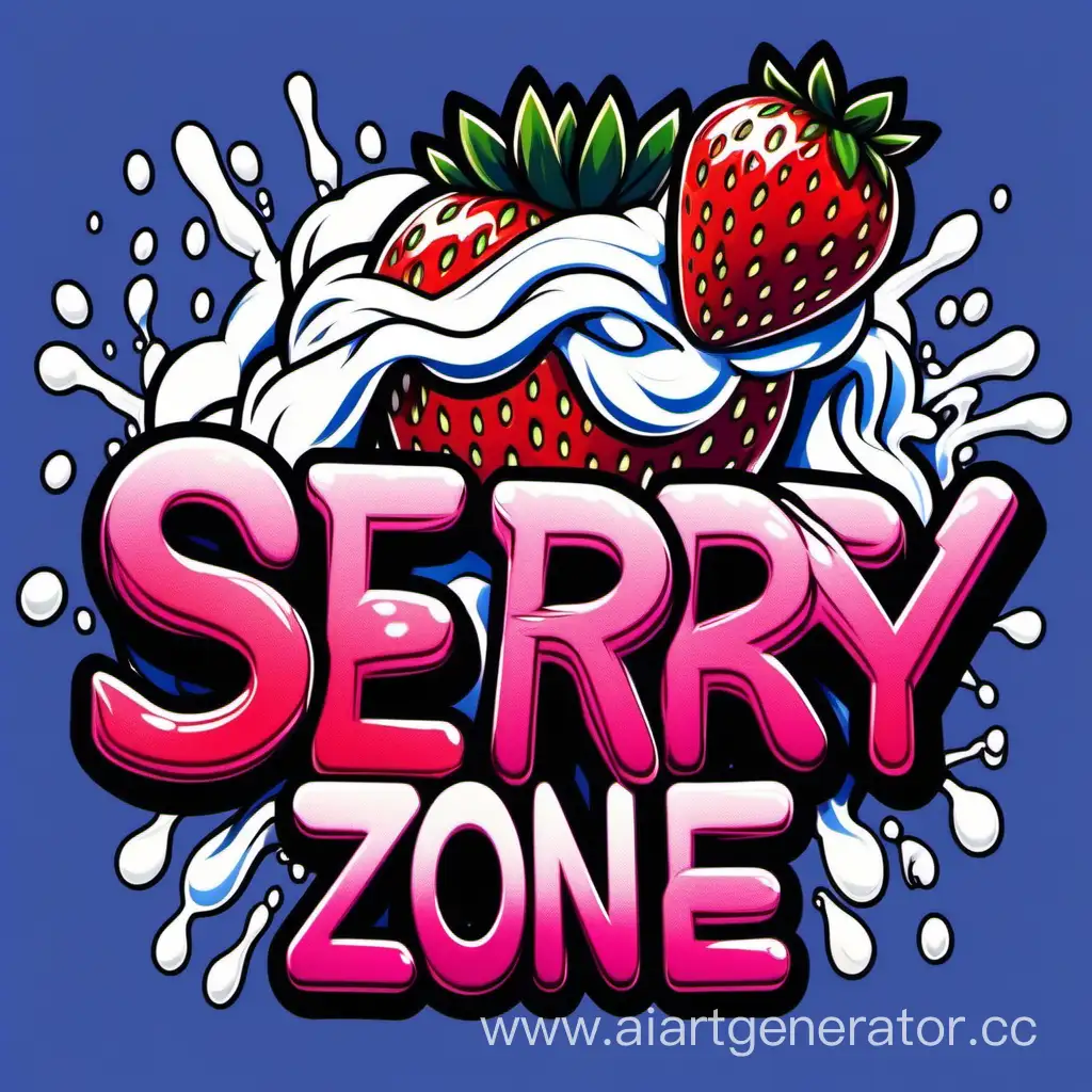 логотип "S BERRY ZONE", сочная клубника обмакнутая во взбитые сливки, взбитые сливки  стекают каплями по клубнике, стиль киберпанк, мультяшность, сексуальность