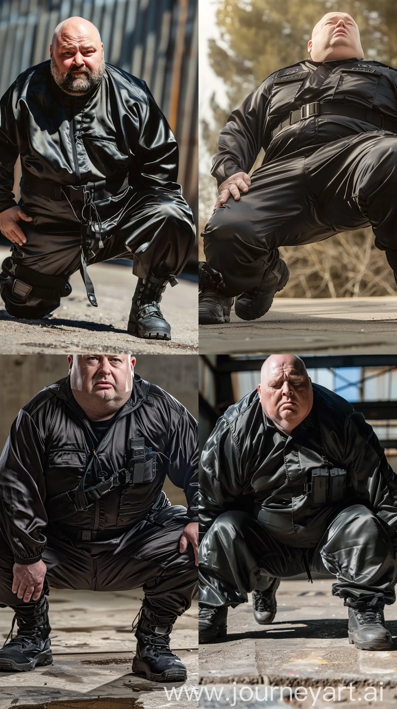 Close-up front view chest-level photo of a fat man aged 60 wearing a silk black security guard skinny-fitted full coverall tucked in black tactical hiking boots. Black tactical belt. Falling on his knees on the ground. Bald. Clean Shaven. Natural light. --style raw --ar 9:16