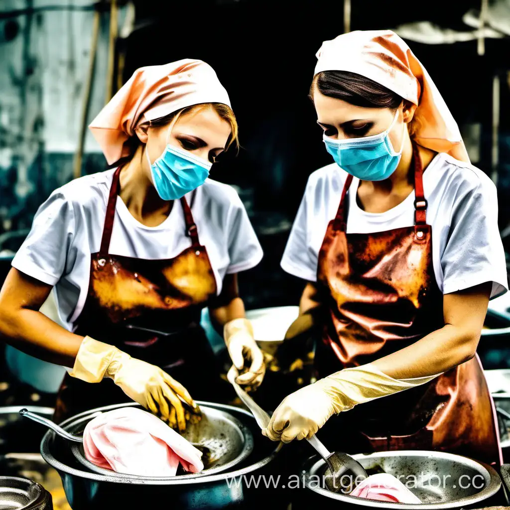 Three-Tired-Junkyard-Workers-Cleaning-OilStained-Dishes