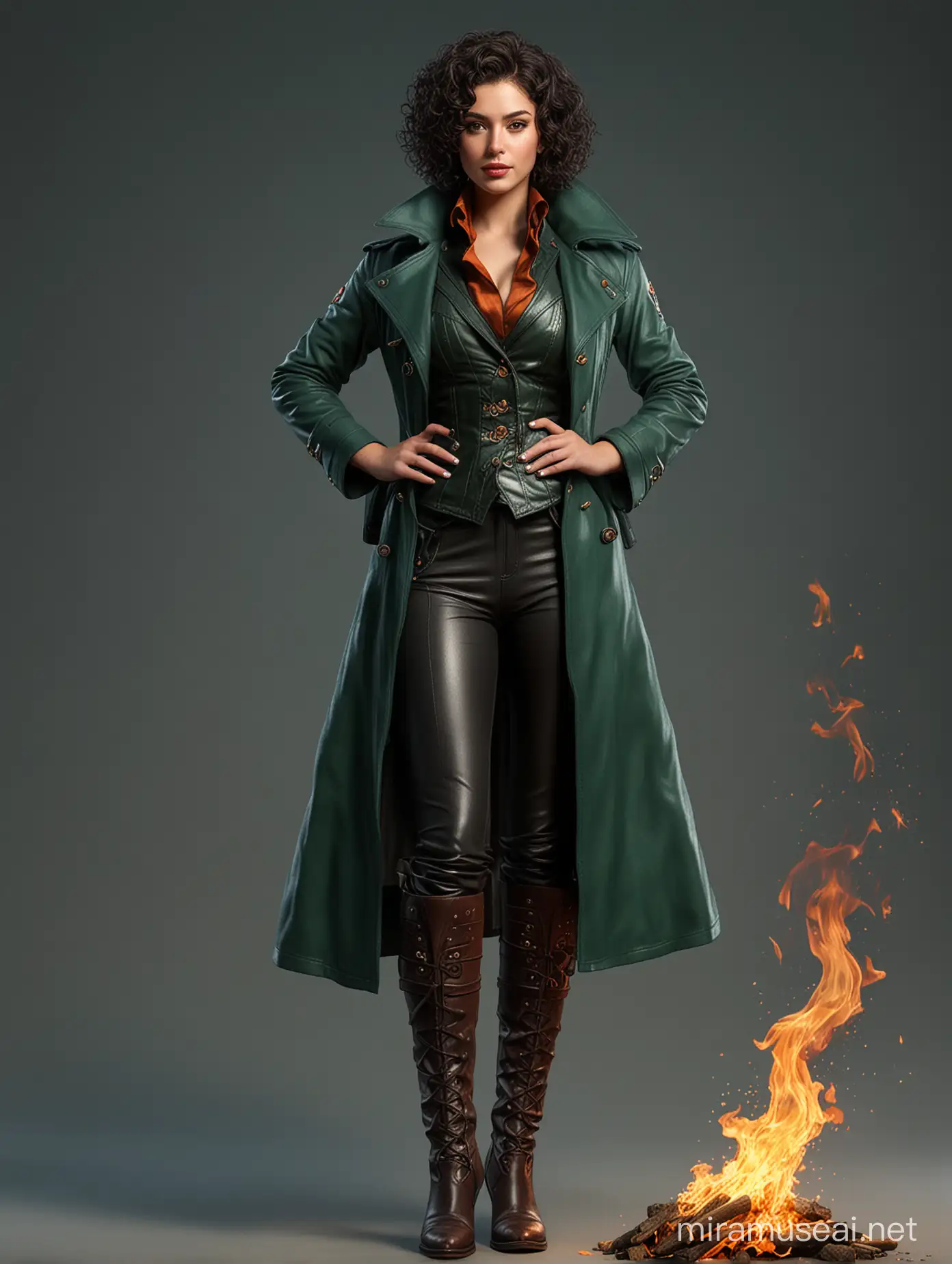 photorealistic very detailled full-body picture of a beautiful female fire elementalist with short black curly hair, brown eyes, big lips wearing high leather boots and a dark green coat