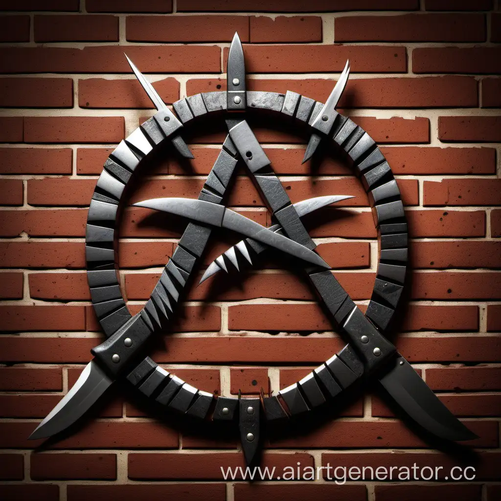 Anarchic-Symbol-Crafted-with-Kitchen-Knives-on-a-Bold-Brick-Background