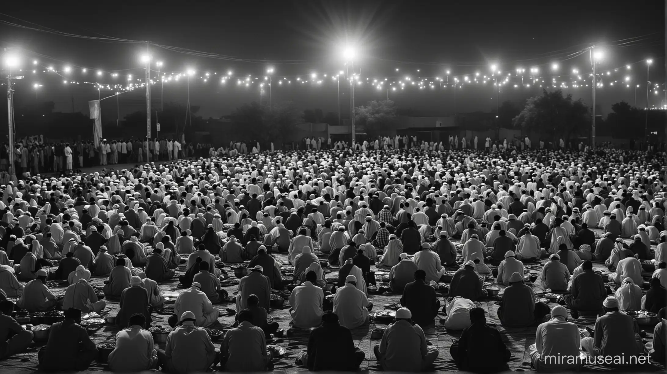 A dark landscape image of pakistan society deeply connected to islam, everyone is breaking thier fast in ramdan and all sitting togather






