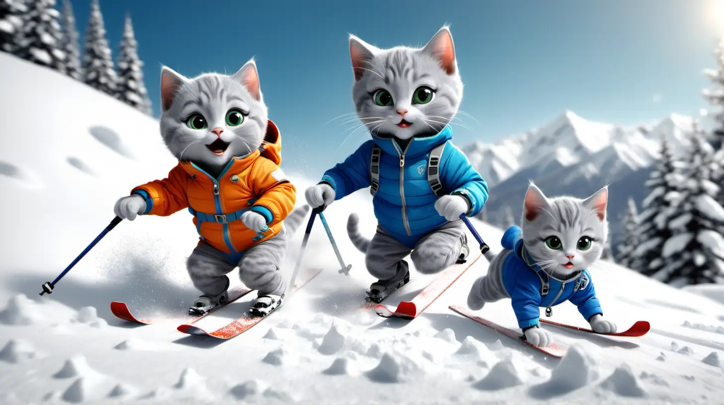 Маленький серый котенок и серая мама кошка в лыжных костюмах спускаются на лыжном спуске, сзади катится догоняет снежный шар из снега 