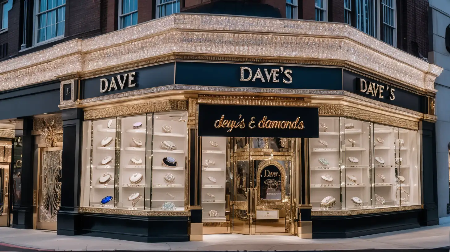 a shot of a of the outside of a luxurious jewelry store filled with dazzling diamonds and precious gems. The marquee sign on the store exactly says:
DAVE'S ELEGANT DIAMONDS