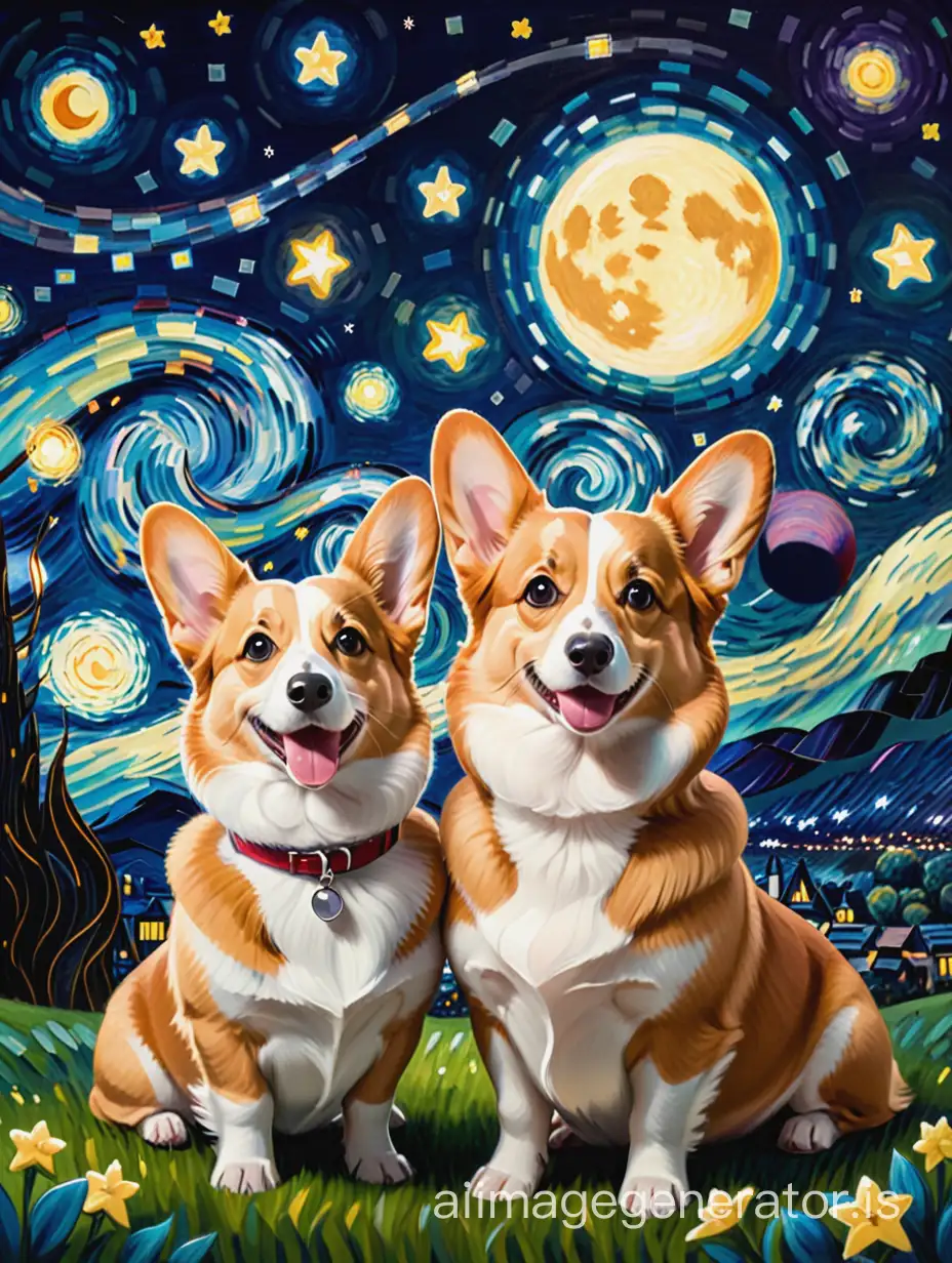 Starry-Night-with-Playful-Corgis-Whimsical-Canine-Frolics-in-Van-Goghs-Sky