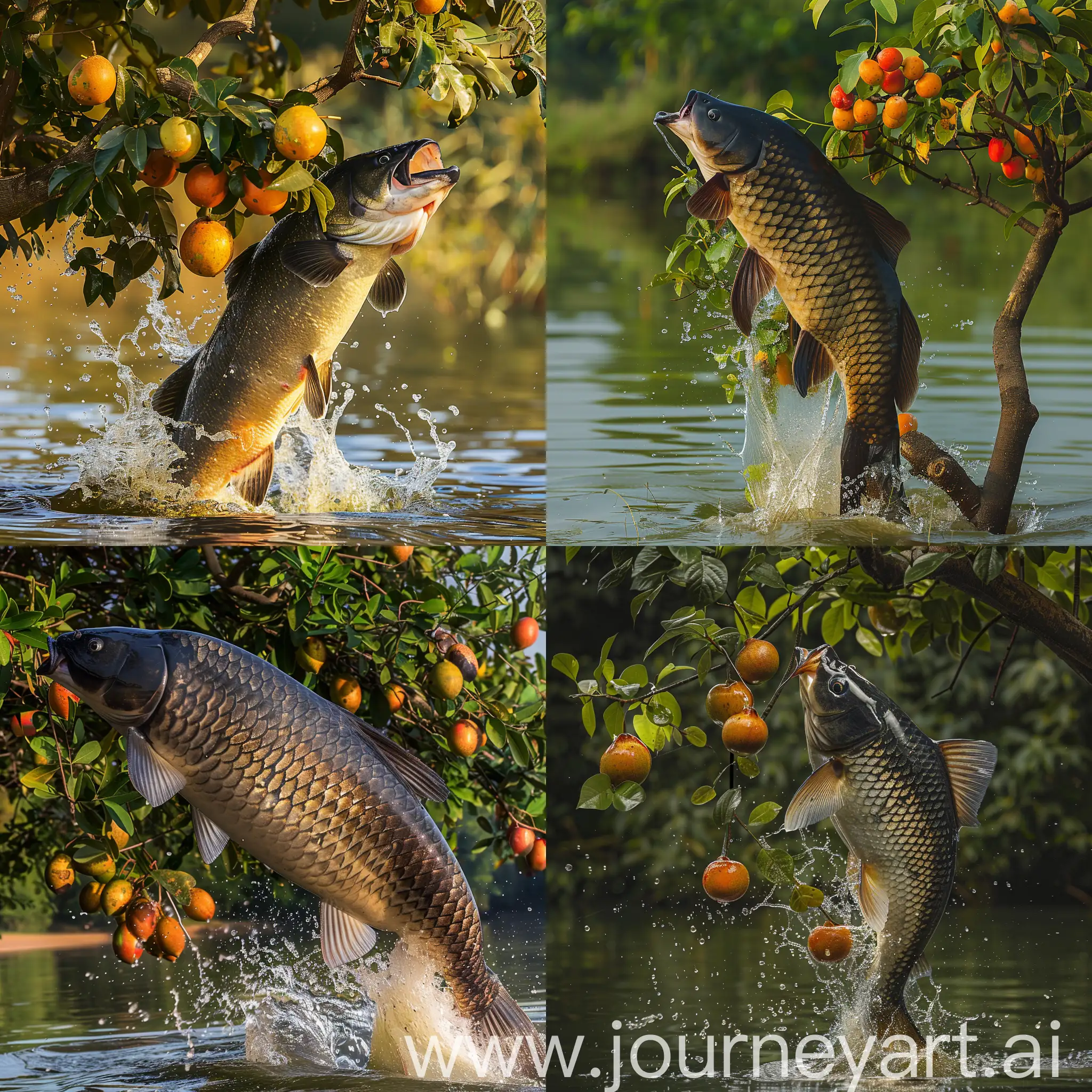 a large channa micropeltes fish, with a smooth body, no scales, short and blunt mouth, cylindrical body type, long body type, the upper part of the body is black, the lower part of the body is yellowish white, jumps out of the lake, grabs the fruit from the tree on the bank of the lake. water splash. Realistic photography 