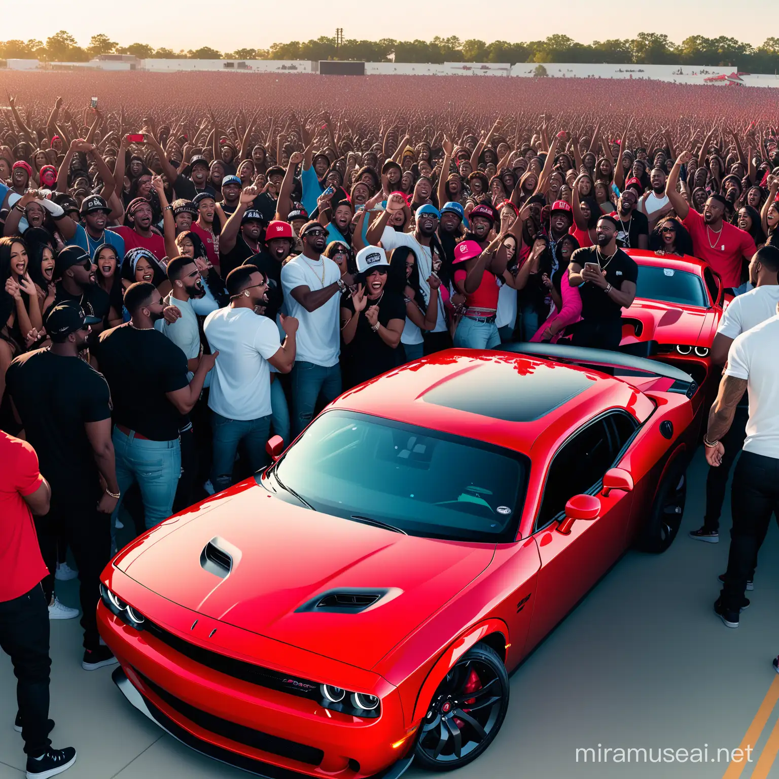 empty field, Afroamerican college students, men, women, partying, sexy, fine, blue 2024 Dodge Challenger hellcat with an Afroamerican crowd around in 64k UHD capturing the adrenaline-fueled excitement of the rap and party lifestyle IN 2013