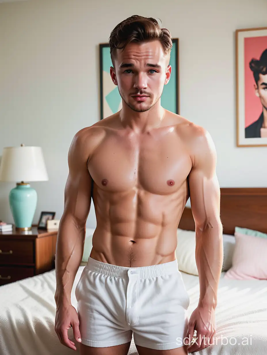 
Liam Payne with ripped eight pack abs, shirtless in white boxers in 1950s suburban LA bedroom, face and body photo, 16k, medium shot, very high quality, very high resolution, fitness, macho, virile, masculine, sexy, youthful,