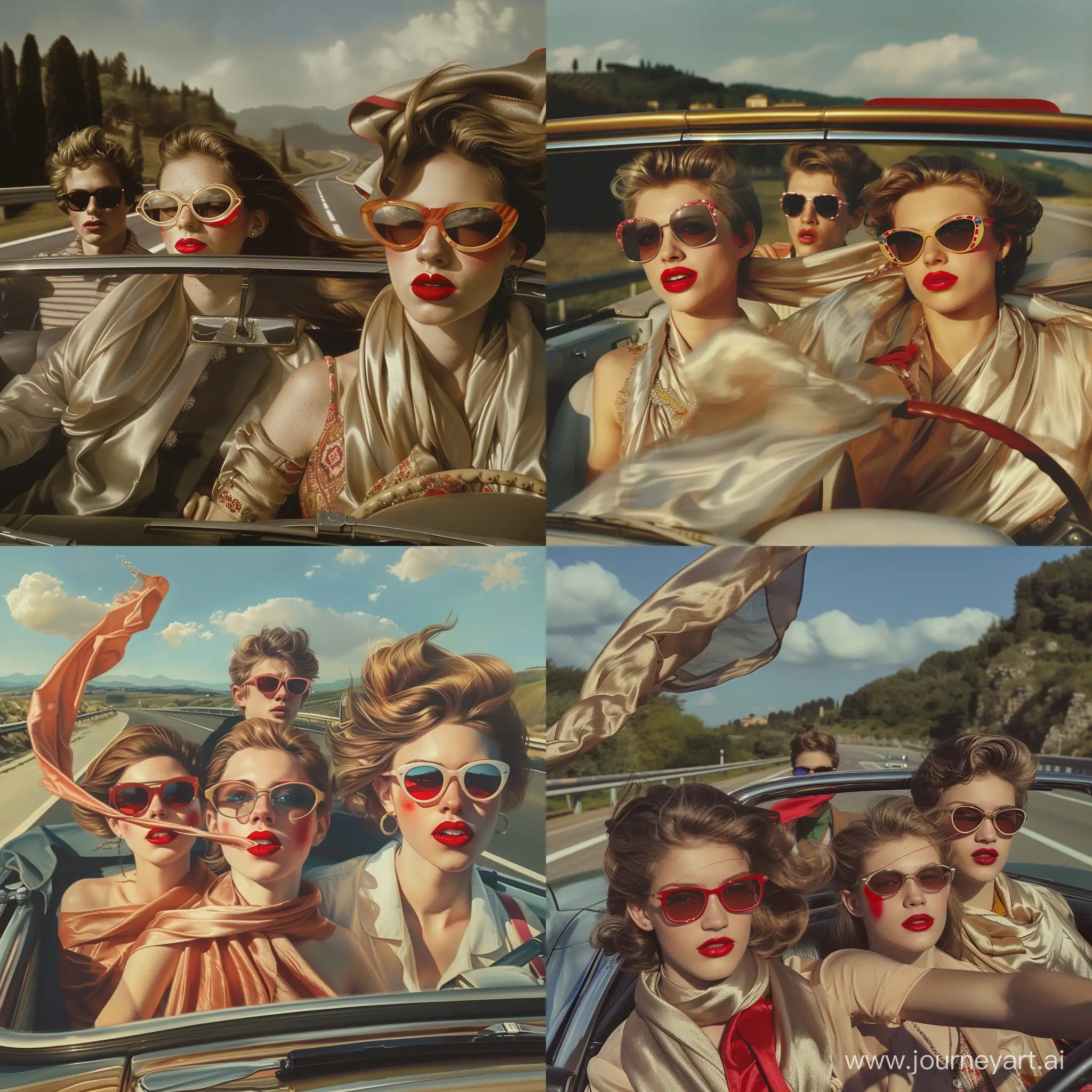 Stylish-Women-and-Man-Enjoying-a-Road-Trip-in-Tuscany-Convertible-Adventure