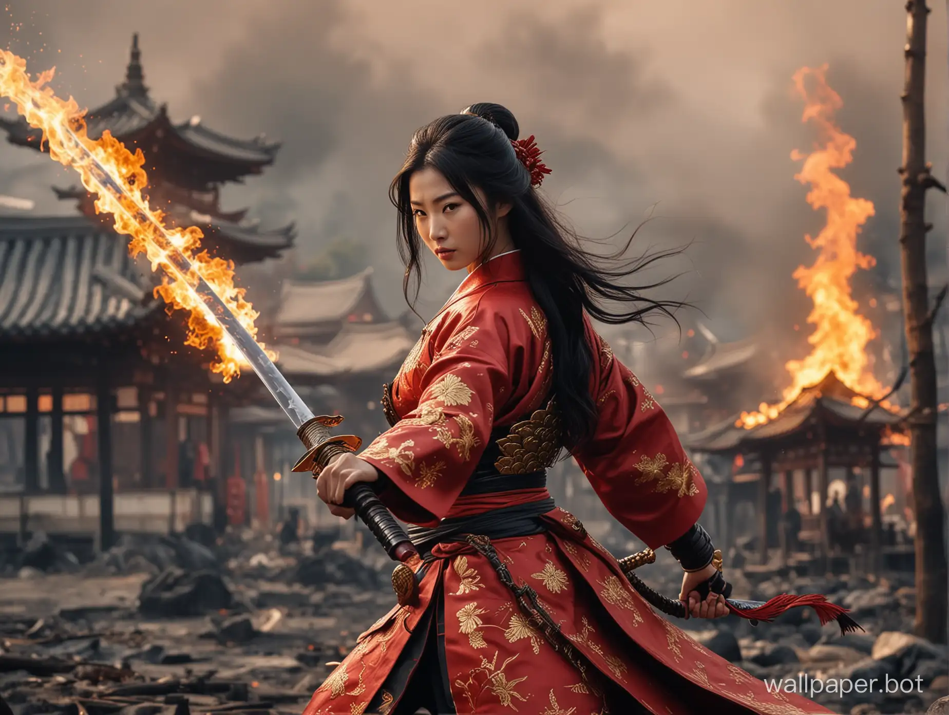 female samurai, face like Mulan, long black hair, wavy hair, red shiny samurai armor with gold lotus motive. Flame katana in her hands stands in a fighting stance. Edo city burns down in the background while a fire dragon flies in the sky, cinema scene. Porcelain skin.