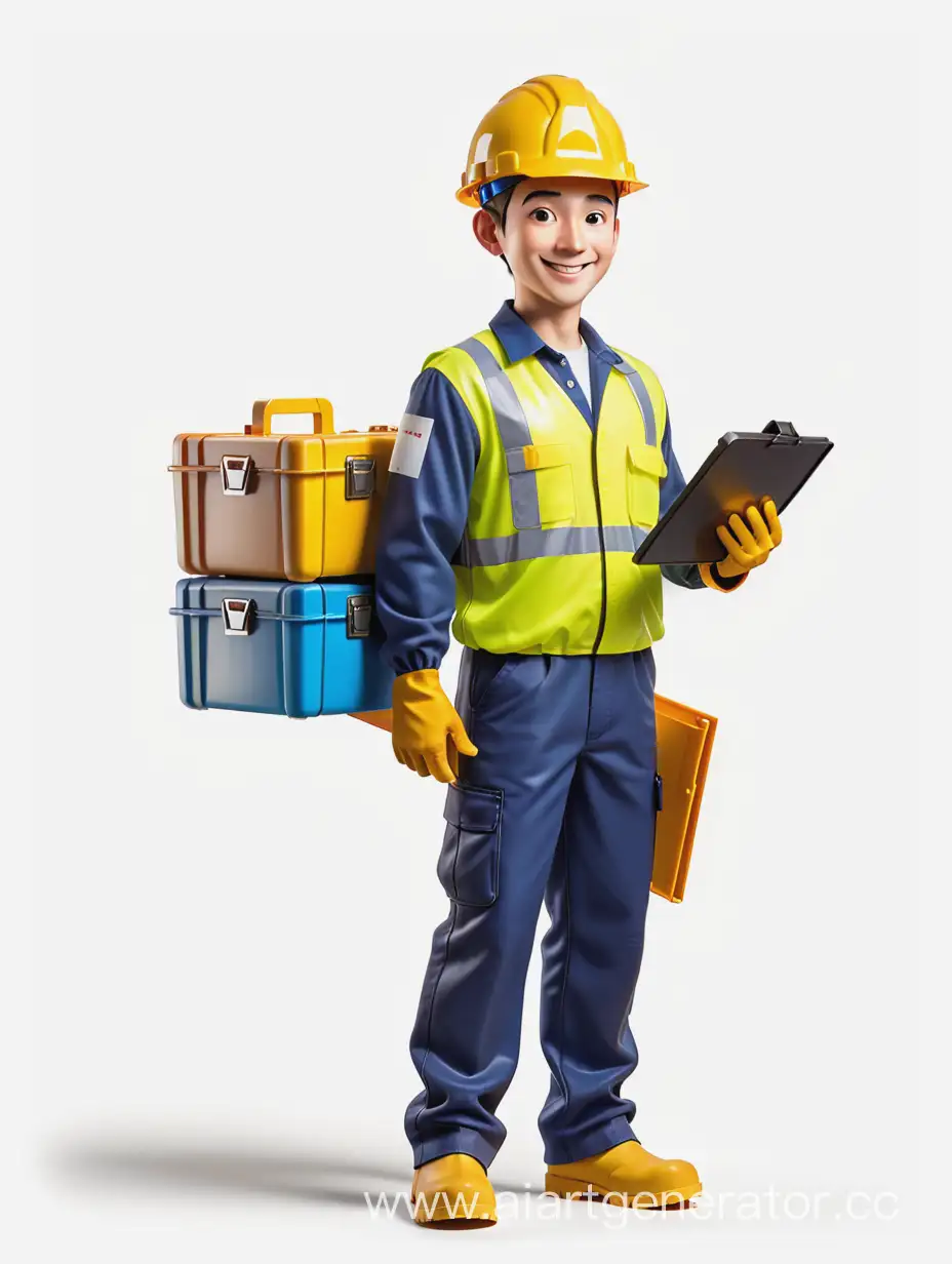 Smiling-Cartoon-Chemical-Plant-Worker-in-Blue-Uniform-with-Toolbox