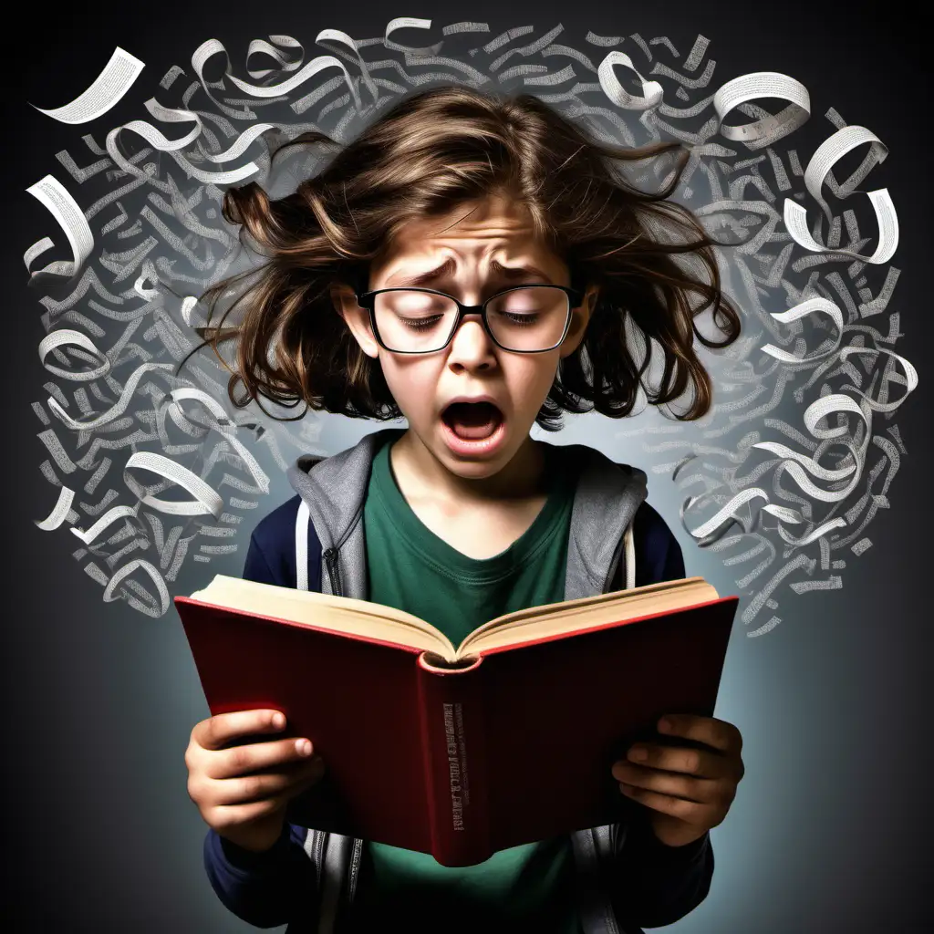 Generate an image that captures the emotional struggle of a middle school student trying to read. Illustrate the frustration and difficulty by portraying tangled words or letters in the air, symbolizing the confusion and complexity of reading. Show the student looking earnest but overwhelmed, perhaps with a book in hand. Use visual elements to convey the desire for understanding and the internal effort to make sense of the text. Depict the emotional experience of finding reading challenging, emphasizing the need for support and understanding in the learning process.
