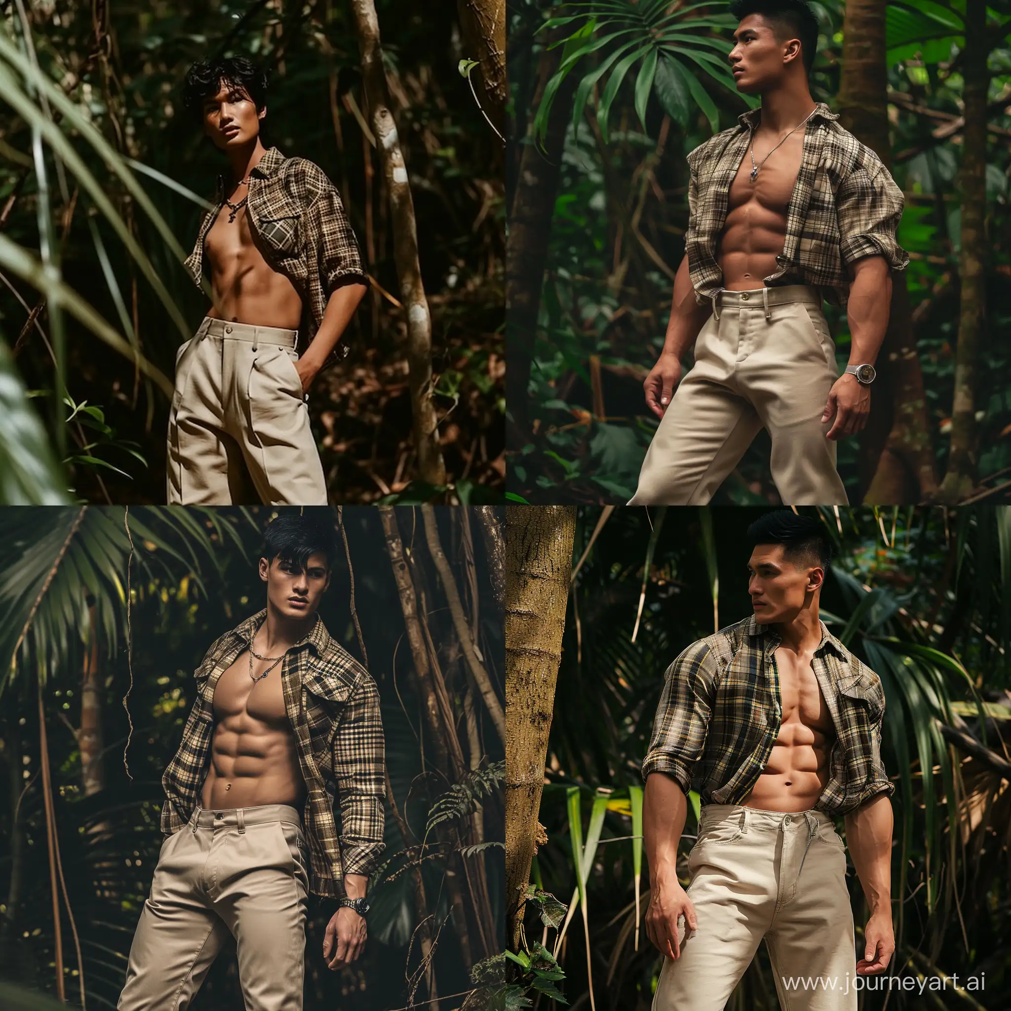 Muscled, tanned hunk with short black hair wearing beige pants and a flannel blouse standing in the jungle