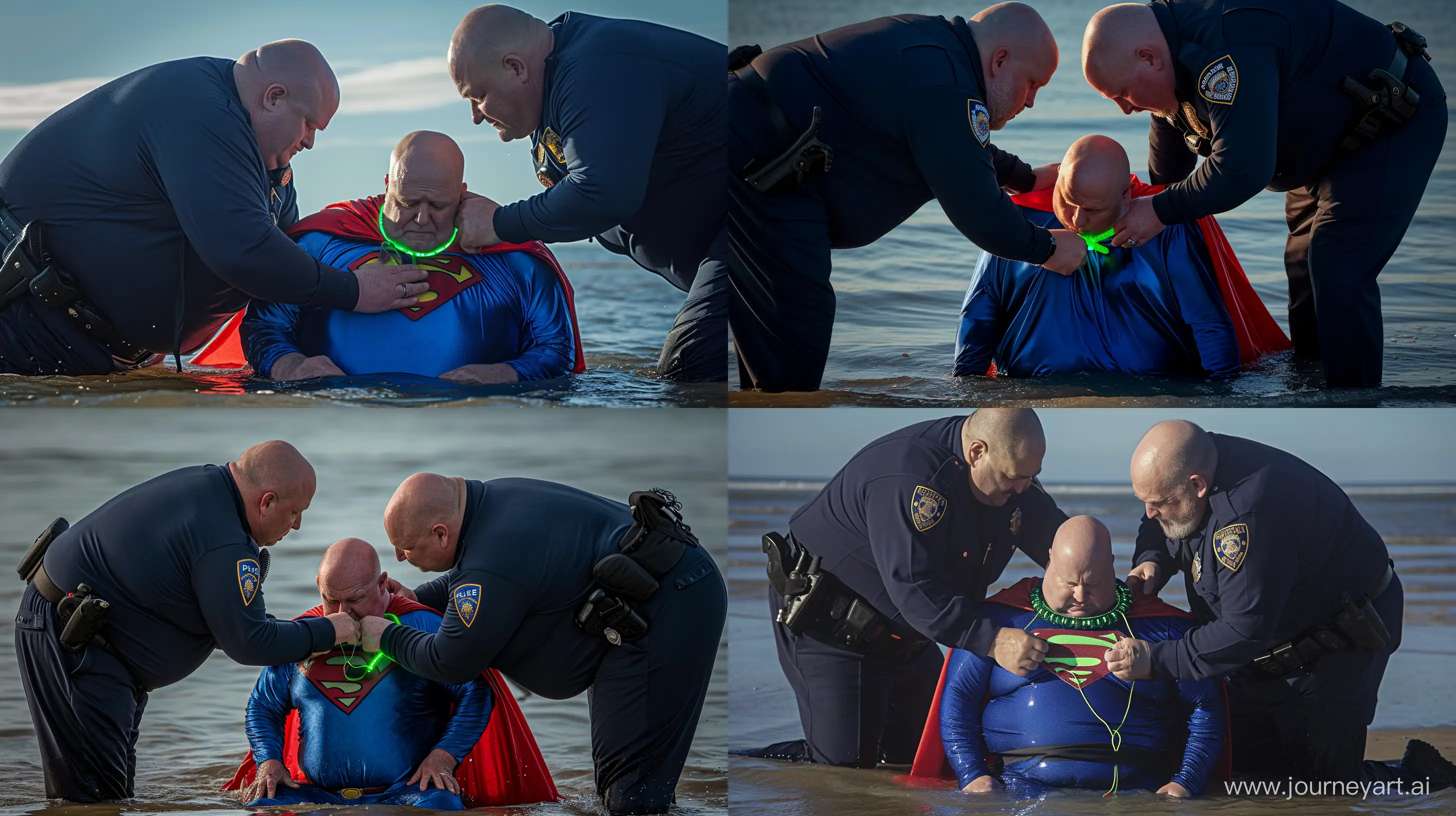 Elderly-Policemen-Assisting-Man-in-Superman-Costume-at-Beach