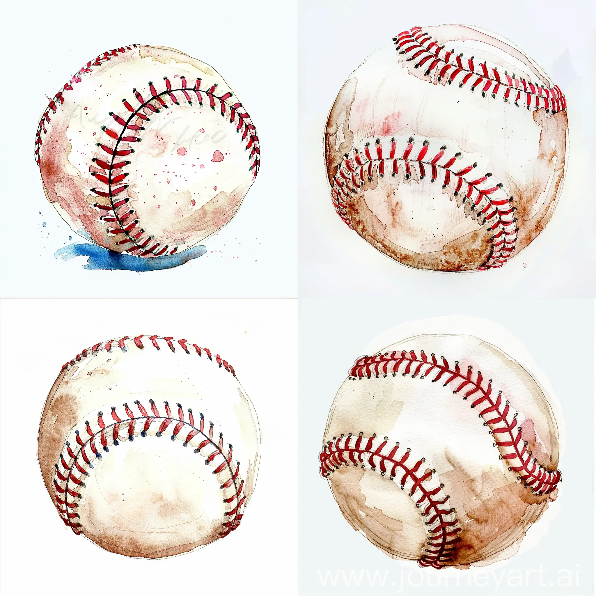 A flat hand-painted watercolor illustration of a baseball, capturing a baseball rendered with detailed stitching in red, centred and isolated against a strak white background. 