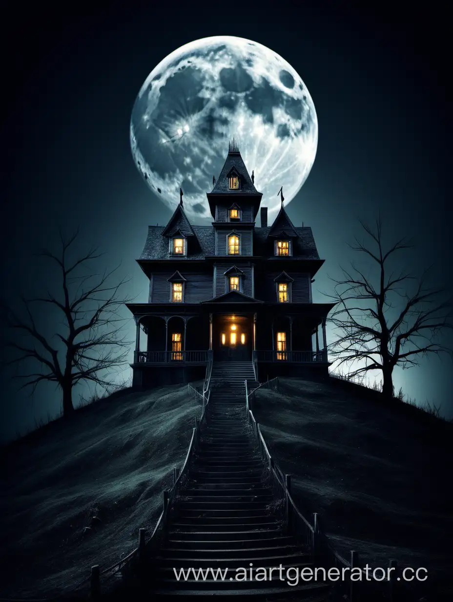 Дом страха в центре на холме на фоне луны 

