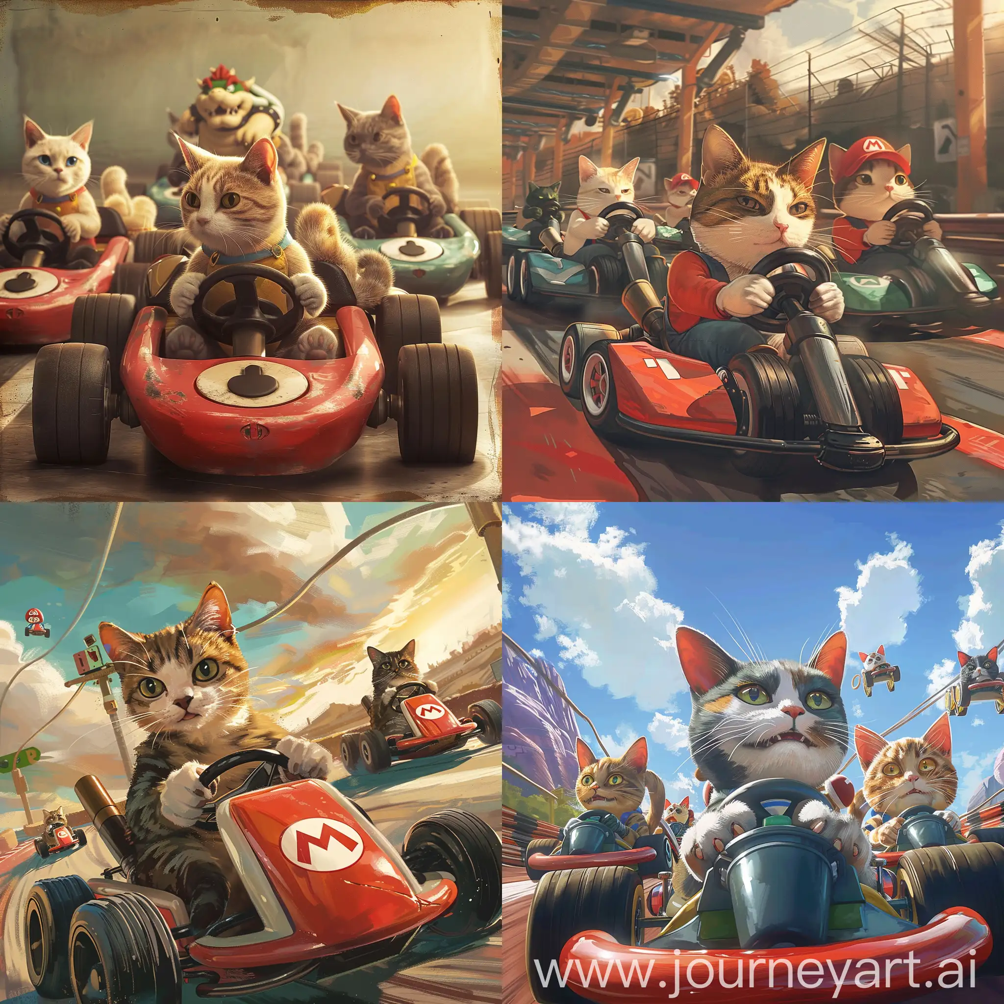 Create poster art for Mario Kart, but cat themed with cats on karts