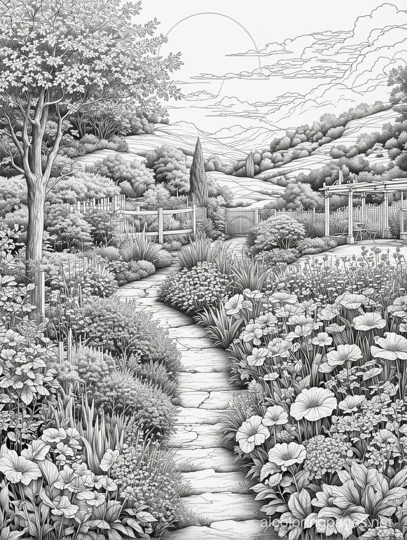 Create a picture for adult colouring in black and white only.  The theme of the picture: British garden. gardening. Style: sketching, ink, line drawings. 
 Detail of the picture is medium. on the background are light hills Ratio 11:8.5 
, Coloring Page, black and white, line art, white background, Simplicity, Ample White Space. The background of the coloring page is plain white to make it easy for young children to color within the lines. The outlines of all the subjects are easy to distinguish, making it simple for kids to color without too much difficulty